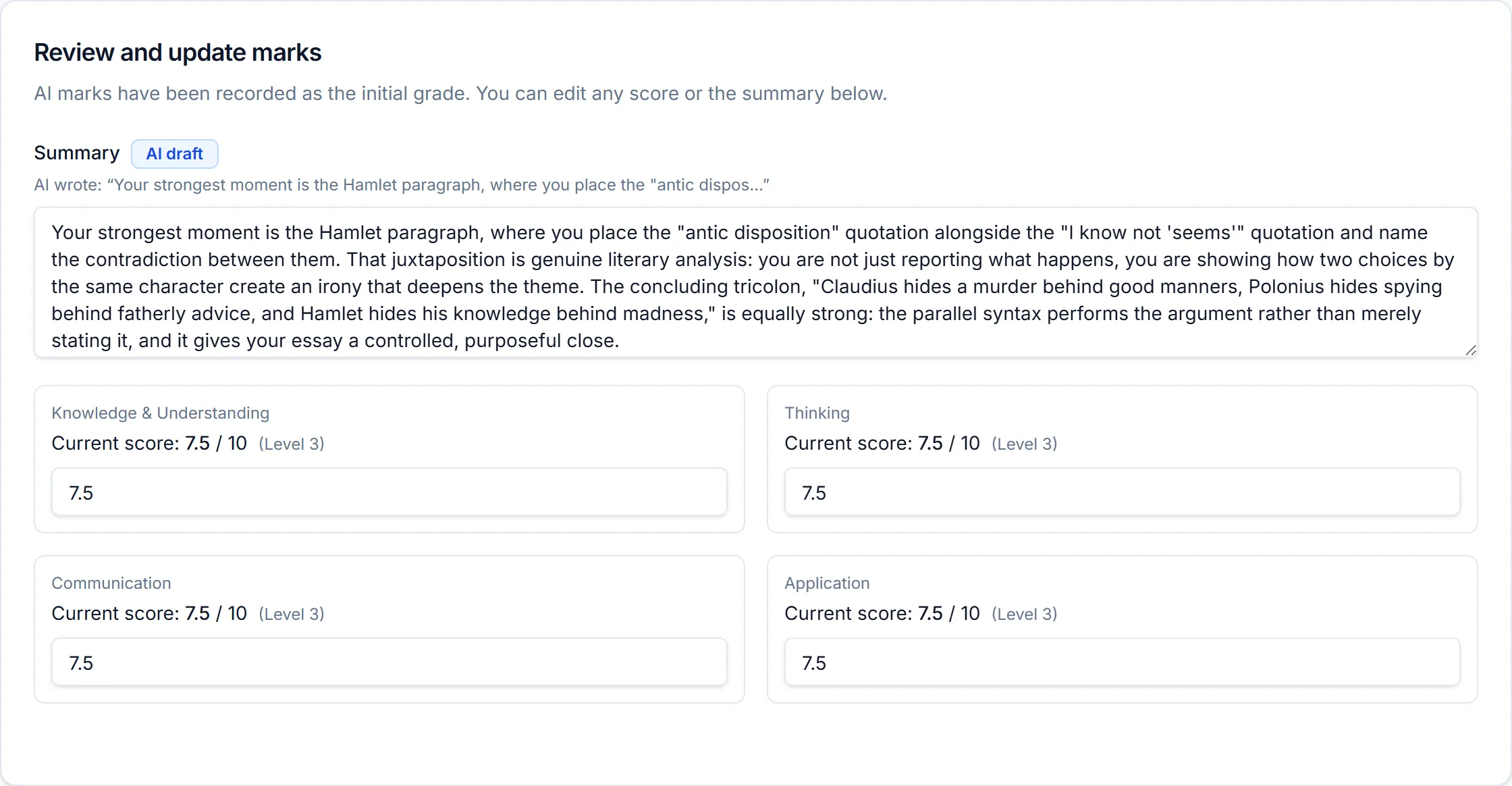 An essay scored per rubric criterion — here Ontario's Knowledge, Thinking, Communication and Application — each showing the AI's mark out of 10 and its achievement level in an editable box.
